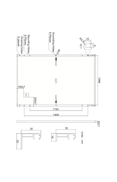 JA Solar Half-Cut 405 W Black Tedlar White Frame - Plan avec les dimensions