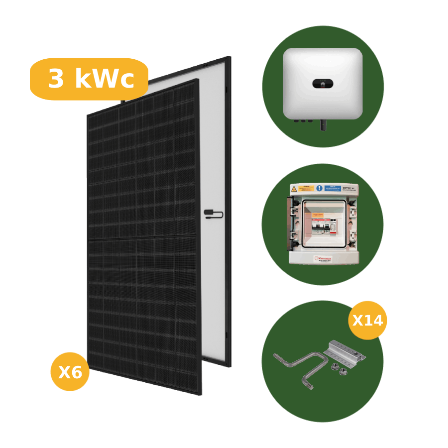 Kit solaire résidentiel monophasé 3 kW avec kit fixation toiture tuiles en portrait 1 x 6