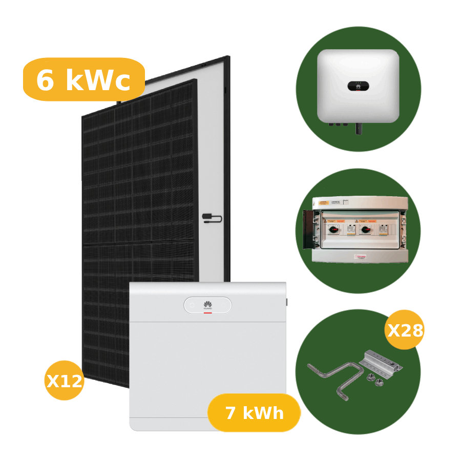 Kit solaire résidentiel monophasé de 6 kW avec kit de montage sur tuiles - Portrait 2 x 6 avec batterie de 7 kWh